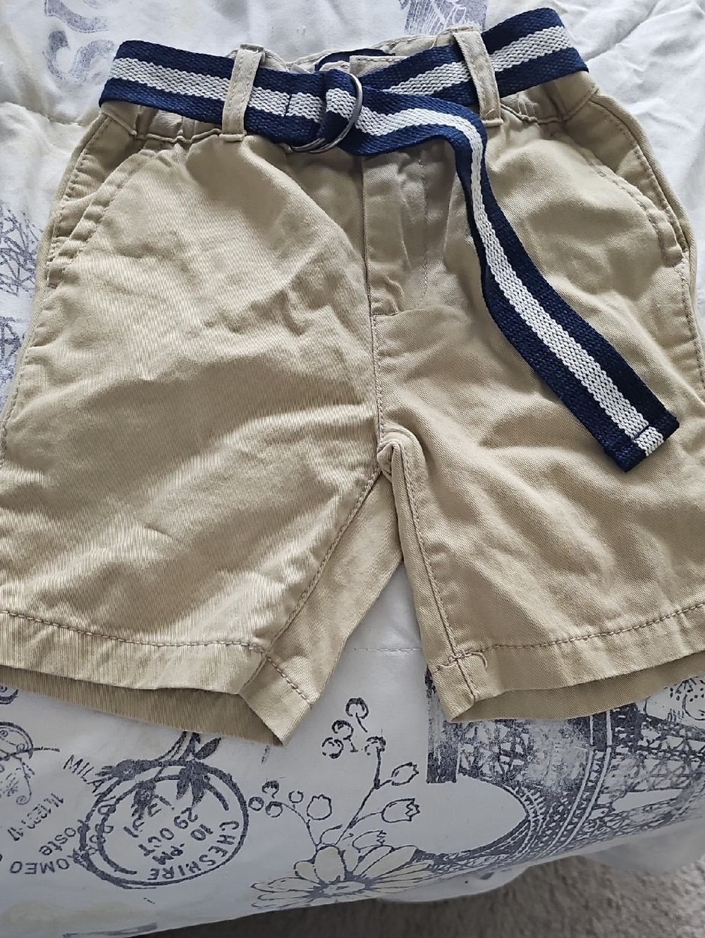 Place Khaki Shorts with Navy & White Stripe Belt